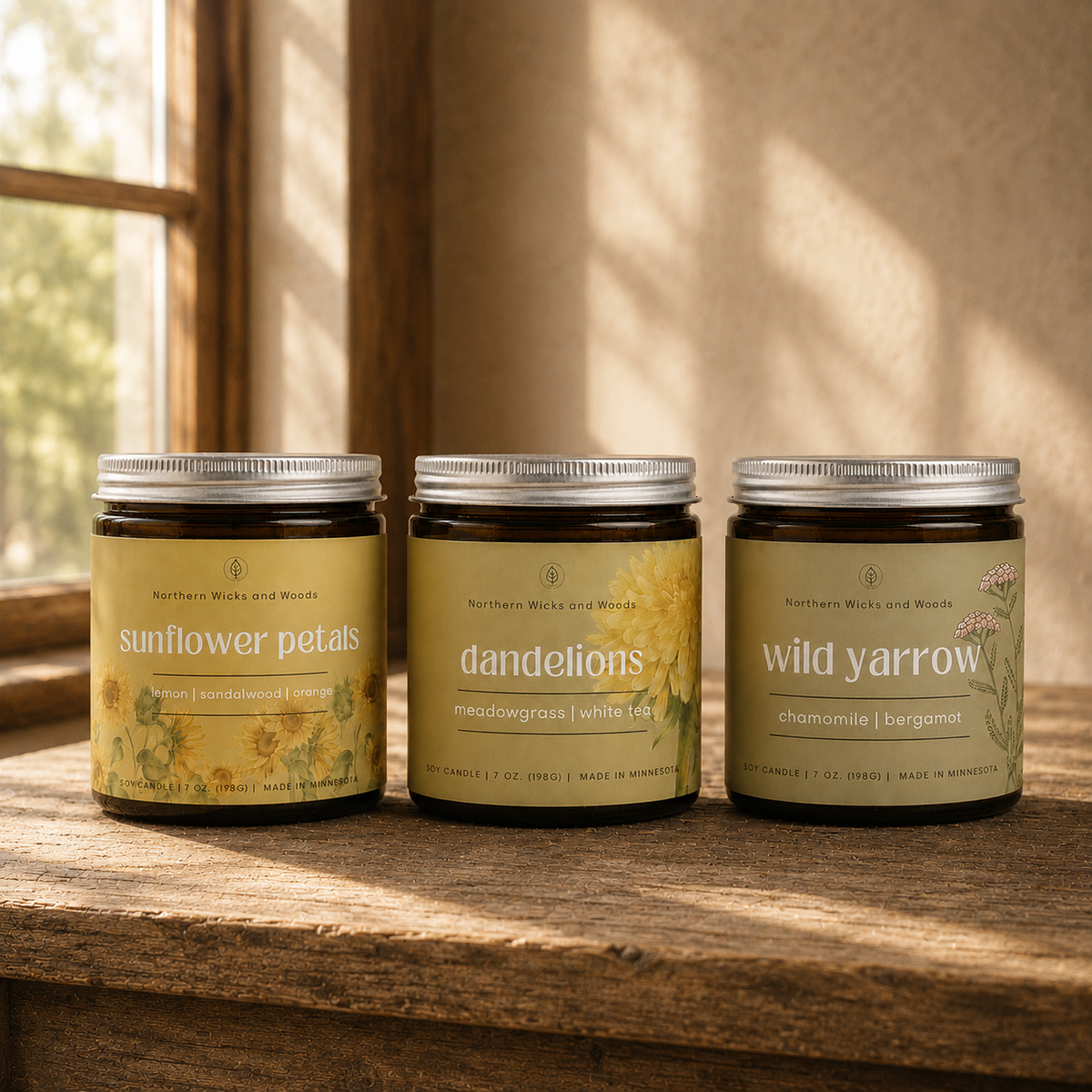 Three scented candles in amber glass jars with silver lids sit on a rustic wooden windowsill. The labels read 'sunflower petals,' 'dandelions,' and 'wild yarrow,' with soft yellow floral artwork.